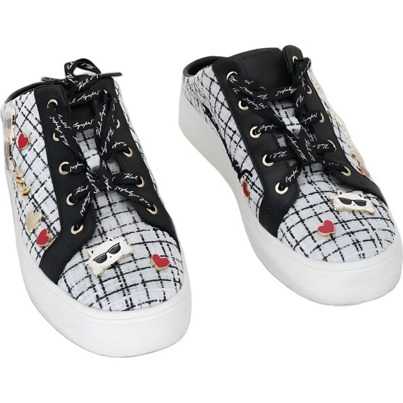 Karl Lagerfeld Paris Cambria slide sneakers black/white hearts charms 9M - Picture 1 of 6